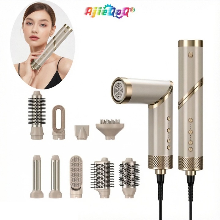 Електрическа четка за оформяне на коса AjieQaQ, 9 в 1, 1400W, 3 скорости + 3 температури, 200 милиона отрицателни йони, Сешоар с диаманти, дифузер, 3 накрайника за къдрене, Четка за изправяне, Накрайник за изглаждане