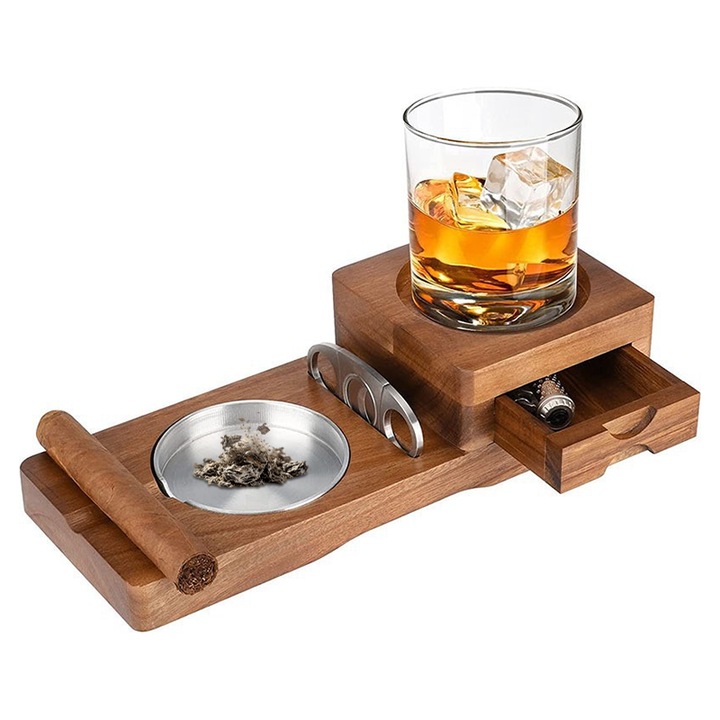 Tava Multi-functionala pentru Tutun - Combinati: Scrumiera, Suport Pahar si Taietor de Trabuc. Cu Sertar si Fanta pentru Trabucuri. Accesoriu Elegant pentru Birou si Exterior