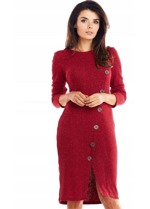 Rochie Dama, Awama, Tricotata Midi, Croiala Bodycon Cambrata, Taietura Asimetrica, Nasturi Decorativi Aplicati, Tesatura Moale, Produsa in Polonia, Eleganta, Bordeaux, Rosu