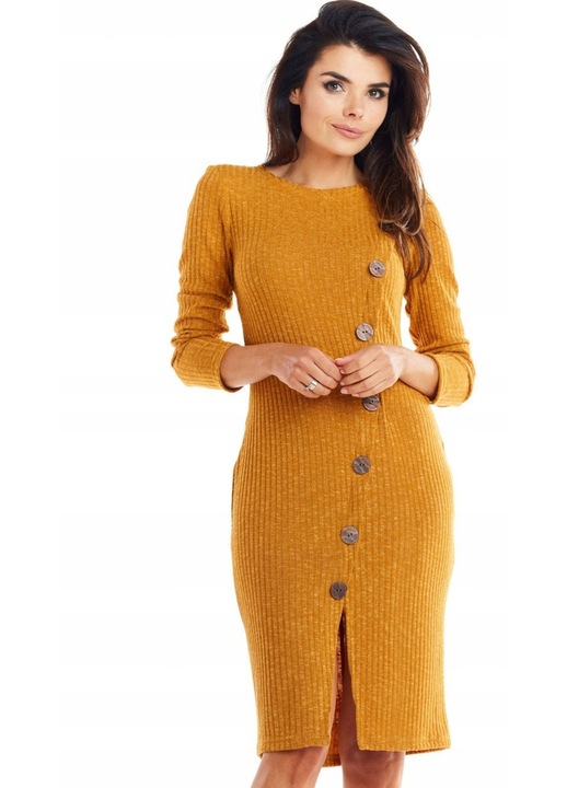 Rochie Dama, Awama, Tricotata Midi, Croiala Bodycon Cambrata, Taietura Asimetrica, Nasturi Decorativi Aplicati, Tesatura Moale, Produsa in Polonia, Eleganta, Bordeaux, Galben mustar