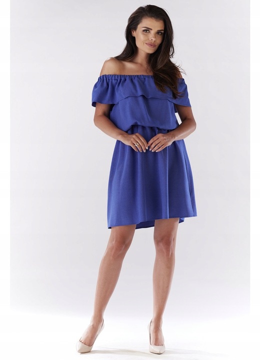 Rochie Dama, Awama, Spaniola Evazata Lejera, Decolteu Spaniol, Tesatura cu Structura de In, Elastic in Talie, Ideala Vara si Vacanta, Confort si Lejeritate, Produsa in Polonia, Albastru, Marime XL