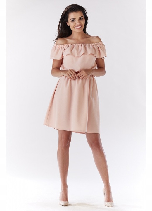 Rochie Dama, Awama, Spaniola Evazata Lejera, Decolteu Spaniol, Tesatura cu Structura de In, Elastic in Talie, Ideala Vara si Vacanta, Confort si Lejeritate, Produsa in Polonia, Roz, Roz pudrat