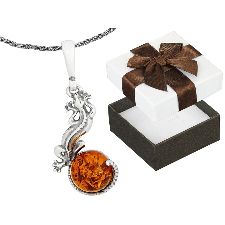 Colier dama din argint oxidat cu chihlimbar, 50 cm, Siju