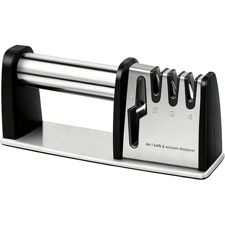 Ascutitor manual 4-in-1 pentru cutite si foarfece - Sistem de ascutire in 4 etape cu diamant/tungsten/ceramica, reface taisul lamei, carcasa din otel inoxidabil, baza antiderapanta