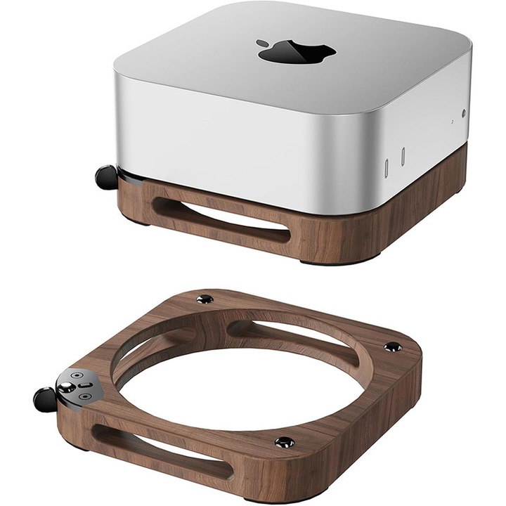 Accesorii Suport Mac Mini M4 - Suport de Birou din Lemn cu Ventilator de Racire, Baza Rezistenta la Praf, Acces Usor la Butonul de Pornire