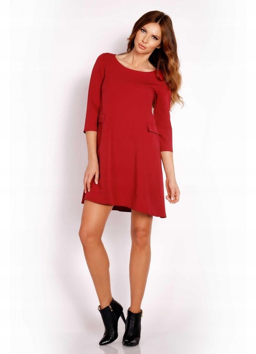 Rochie Dama, Awama, L005, Trapez Mini, Eleganta, Maneci 3/4, Tesatura Confortabila cu Vascoza si Elastan, Croiala Clasica, Ideala Stil Formal si Casual, Bordeaux, Rosu