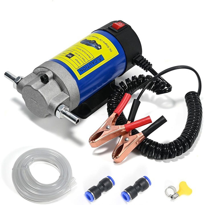 Pompa de transfer ulei electrica 12V, 100W, 4L/min, Aspiratie cu tuburi, Motor Cupru, Pentru motorina si ulei de motor, Albastru