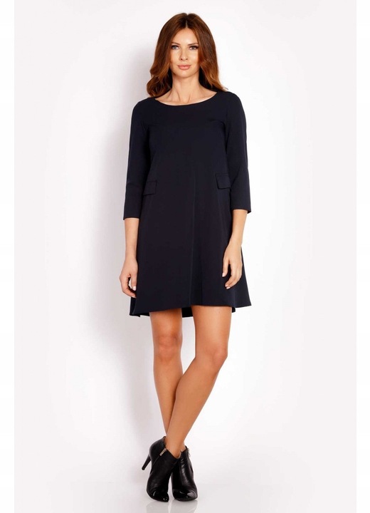 Rochie Dama, Awama, L005, Trapez Mini, Eleganta, Maneci 3/4, Tesatura Confortabila cu Vascoza si Elastan, Croiala Clasica, Ideala Stil Formal si Casual, Albastru Inchis, Albastru inchis