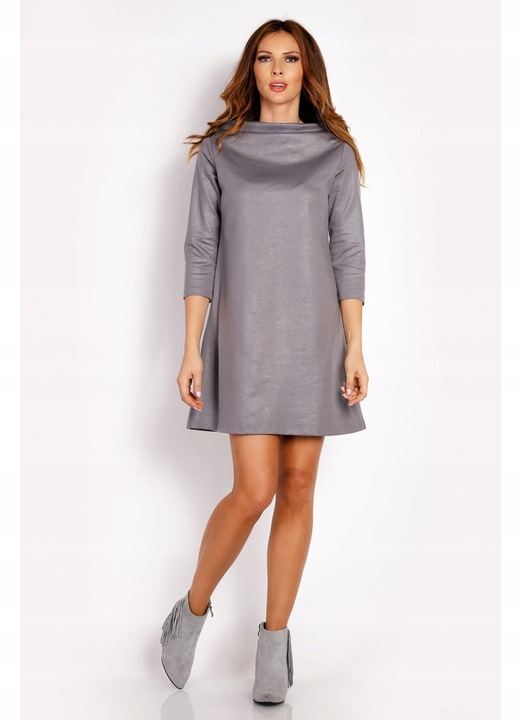 Rochie Dama, Awama, L006, Trapez Mini, Decolteu Tip Cascada, Maneci 3/4, Usor Evazata, Tesatura Confortabila cu Vascoza si Elastan, Eleganta, Ideala Intalniri, Gri, Gri