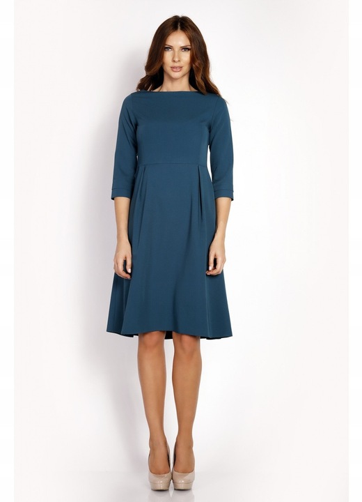 Rochie Dama, Awama, L014, Trapez, Eleganta, Maneci 3/4, Croiala Evazata, Lungime Mini, Tesatura Confortabila cu Vascoza si Elastan, Fason Clasic, Ideala Iesiri, Turcoaz, Marime S