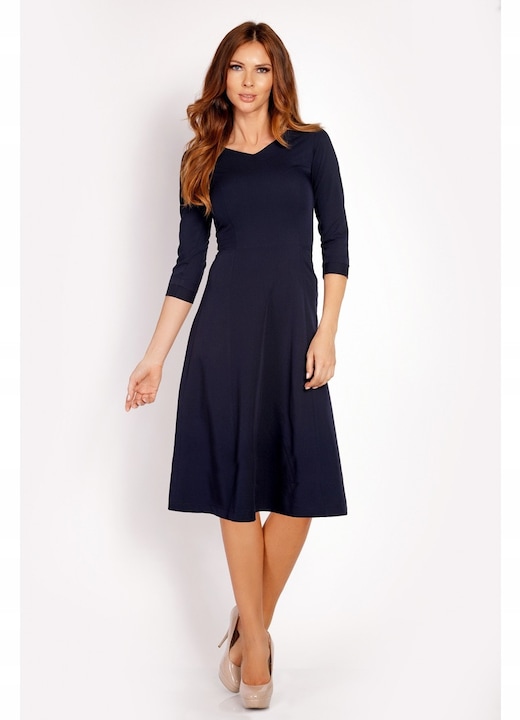 Rochie Dama, Awama, L014, Trapez, Eleganta, Maneci 3/4, Croiala Evazata, Lungime Mini, Tesatura Confortabila cu Vascoza si Elastan, Fason Clasic, Ideala Iesiri, Bleumarin, Marime L