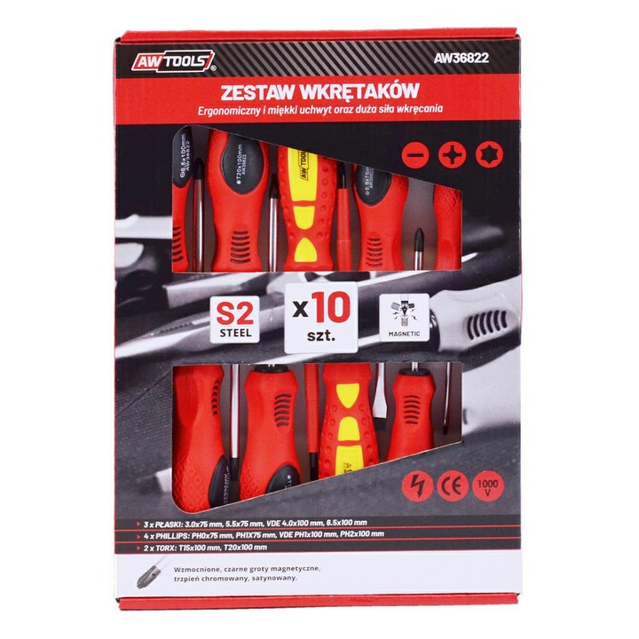Set surubelnite Awtools, 10 bucati, otel CrV S2, ergonomic, antiderapant