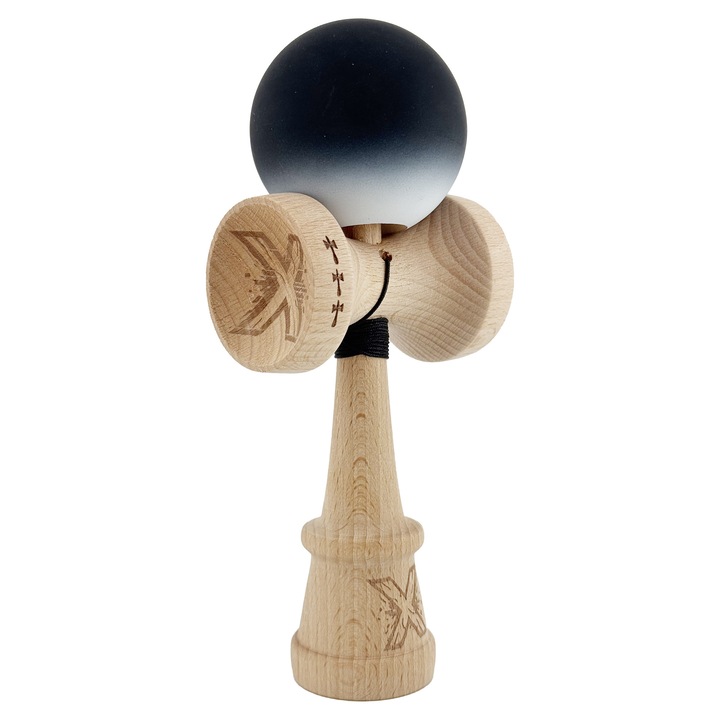 Kendama X Originala, Profesionala, Flippy, Cupe Mari KING SIZE V3, Rubber Grip, Gaura in Baza, Rulment Metalic, din lemn 18 cm, Ata 62/65 cm, Gradient Negru/Alb