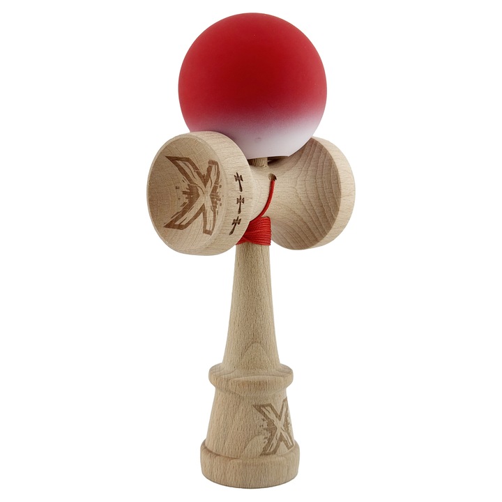 Kendama X Originala, Profesionala, Flippy, Cupe Mari KING SIZE V3, Rubber Grip, Gaura in Baza, Rulment Metalic, din lemn 18 cm, Ata 62/65 cm, Gradient Rosu/Alb