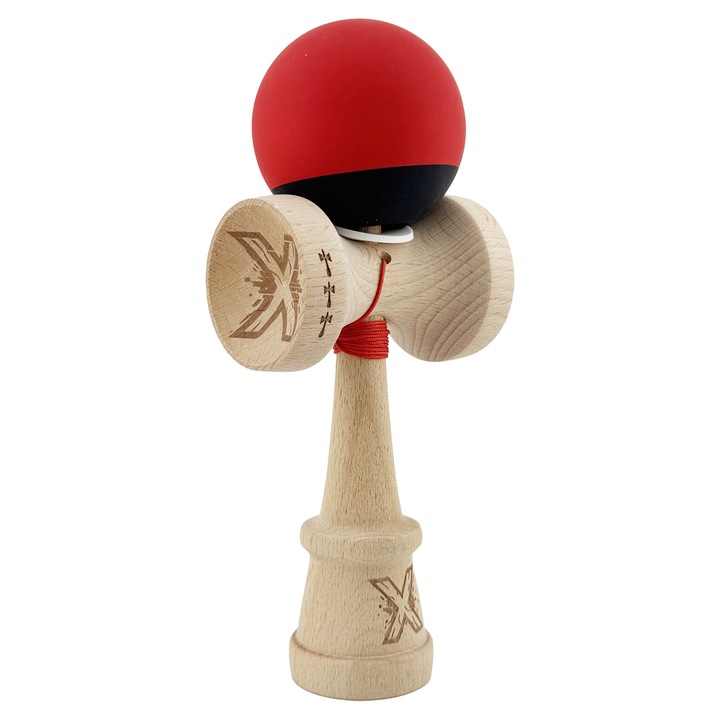 Kendama X Originala, Profesionala, Flippy, Cupe Mari KING SIZE V3, Rubber Grip, Gaura in Baza, Rulment Metalic, din lemn 18 cm, Ata 62/65 cm, Bicolor Rosu/Negru