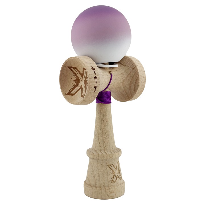 Kendama X Originala, Profesionala, Flippy, Cupe Mari KING SIZE V3, Rubber Grip, Gaura in Baza, Rulment Metalic, din lemn 18 cm, Ata 62/65 cm, Gradient Mov/Alb