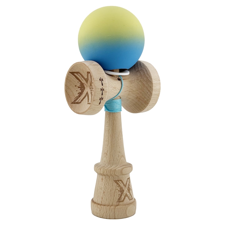 Kendama X Originala, Profesionala, Flippy, Cupe Mari KING SIZE V3, Rubber Grip, Gaura in Baza, Rulment Metalic, din lemn 18 cm, Ata 62/65 cm, Gradient Galben/Albastru deschis