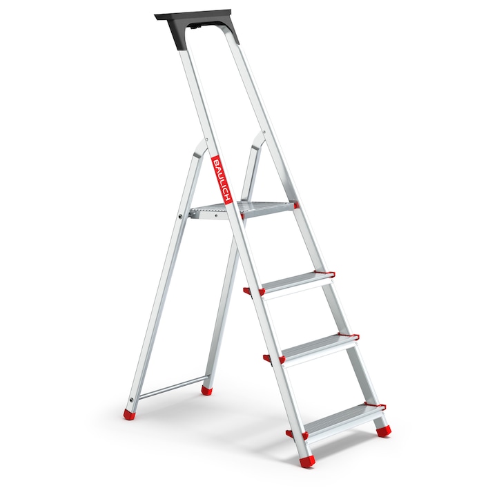 Алуминиева стълба, Baulich Home, с поставка, 4 стъпала, височина 275 см, товароносимост 125 кг, идеална за дома и майсторене