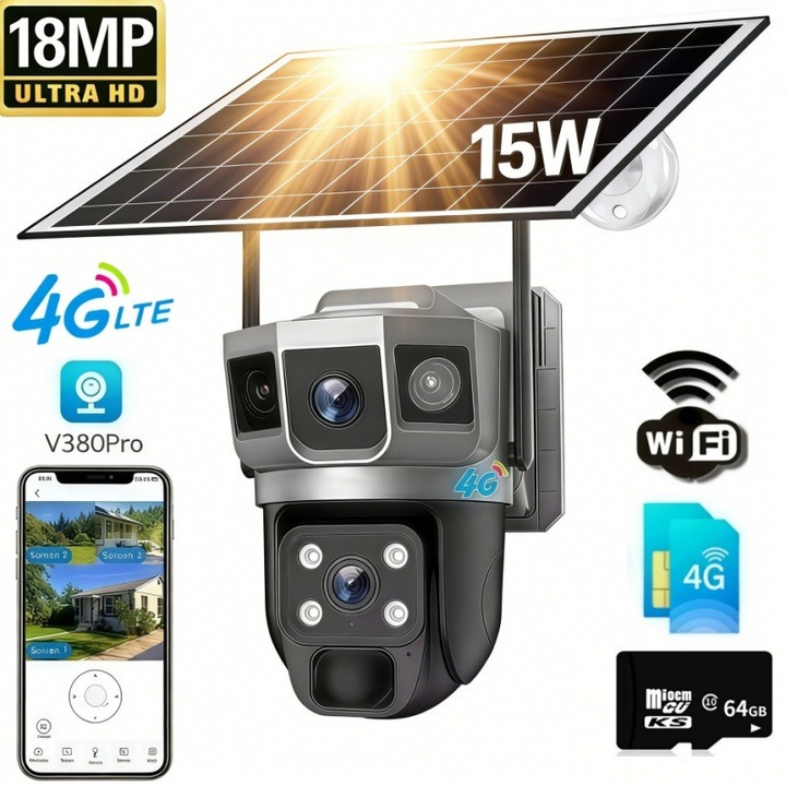 Camera Supraveghere Solara 4G AjieQaQ® V380 Pro, Vedere Tripla 18MP Full HD, Baterie 8000mAh, Rotire 350°, Alarma Miscare, Urmarire Inteligenta, Audio Bidirectional, Vedere Nocturna, Card 64GB Inclus, Set Complet, Gata de Folosit, negru