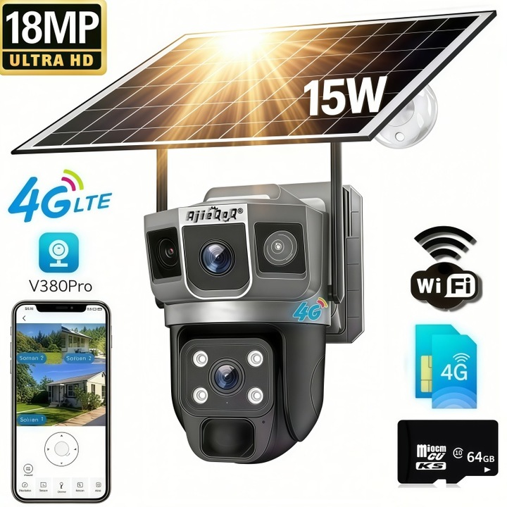Camera Supraveghere Solara 4G AjieQaQ® V380 Pro, Vedere Tripla 18MP Full HD, Baterie 8000mAh, Rotire 350°, Alarma Miscare, Urmarire Inteligenta, Audio Bidirectional, Vedere Nocturna, Card 64GB Inclus, Set Complet, Gata de Folosit, negru