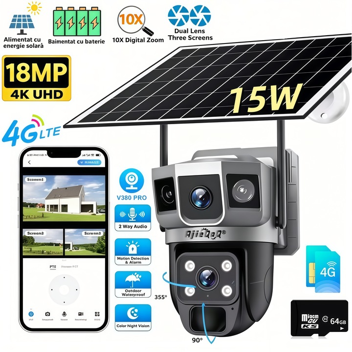 Camera Supraveghere Solara 4G AjieQaQ® V380 Pro, Vedere Tripla 18MP Full HD, Baterie 8000mAh, Rotire 350°, Alarma Miscare, Urmarire Inteligenta, Audio Bidirectional, Vedere Nocturna, Card 64GB Inclus, Set Complet, Gata de Folosit, Gri