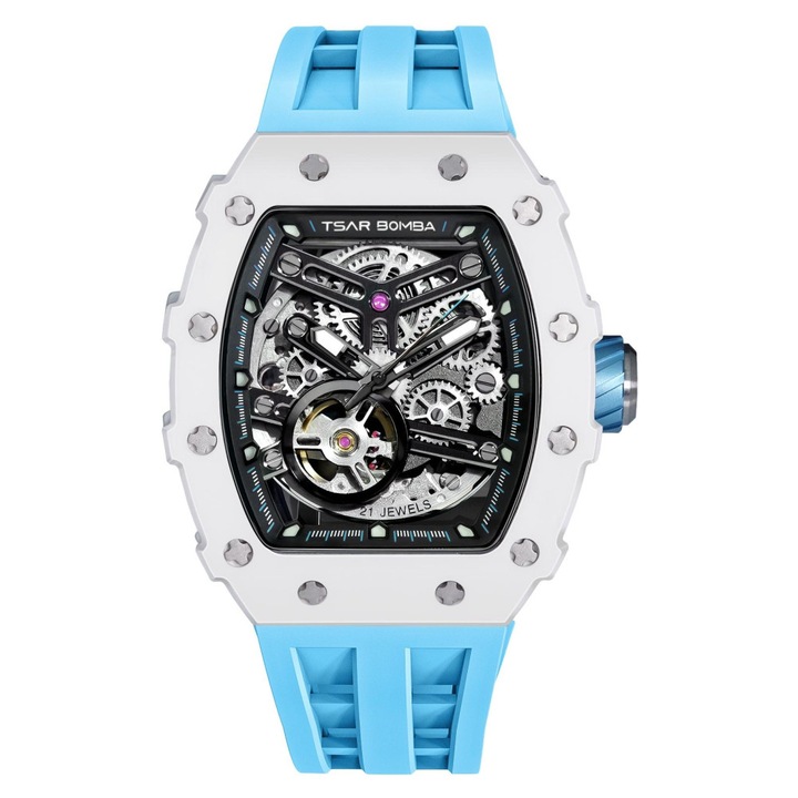 Ceas barbatesc Tsar Bomba TB8208C-06, mecanism automat Miyota, curea din piele, negru, alb, 15mm