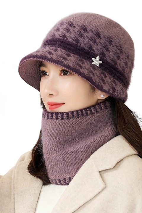 Caciula dama, tip palarie, set doua piese, model elegant cu guler tip fular, tematica feminine and refined, marime universala, mov deschis, EFAYN