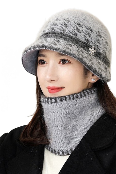 Caciula dama, tip palarie, set doua piese, model elegant cu guler tip fular, tematica feminine and refined, marime universala, gri, EFAYN