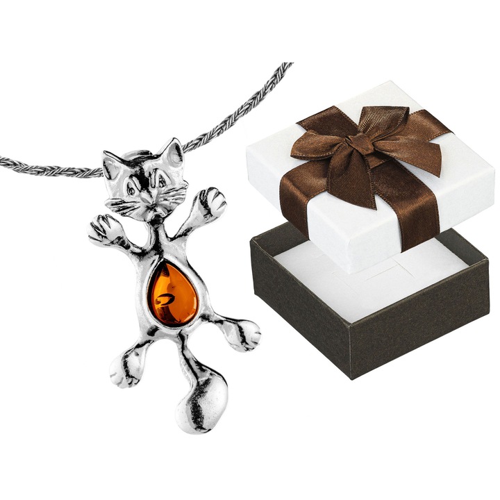 Colier din argint cu pisica si chihlimbar, Siju, 60cm, argint oxidat, set cu cutie cadou