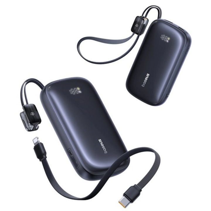 Baseus enerfill fc21 vésztöltő type-c+usb aljzat, 20000mah, 22.5w, pd gyorstöltő + fix type-c/lightning kábel, fekete