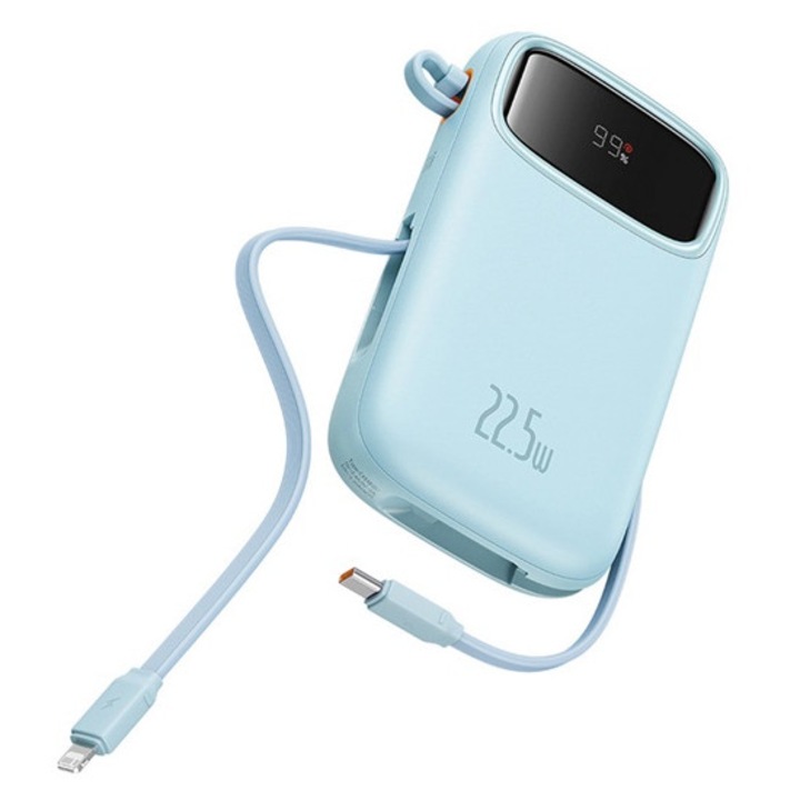 Baseus qpow2 vésztöltő type-c+usb aljzat, 20000mah, 22.5w, pd gyorstöltő, led + fix type-c/lightning kábel, világoskék