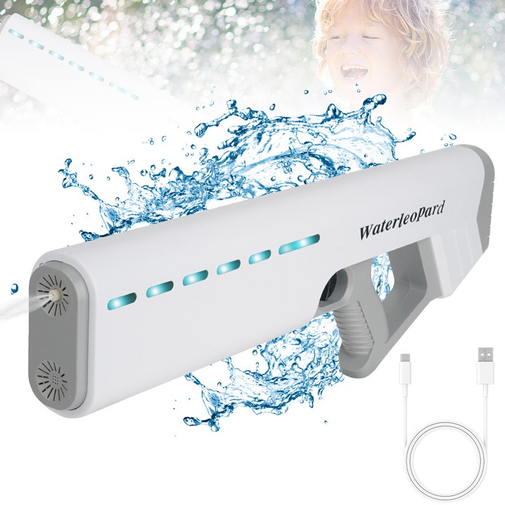 Pistol cu apa electric, Bedee, 12m raza, 3 moduri de lansare, Functionare electrica continua, absorbtie automata a apei, 600ml capacitate, 1500mAh, jucarie pentru copii si adulti, 53x17 cm, Alb si Gr