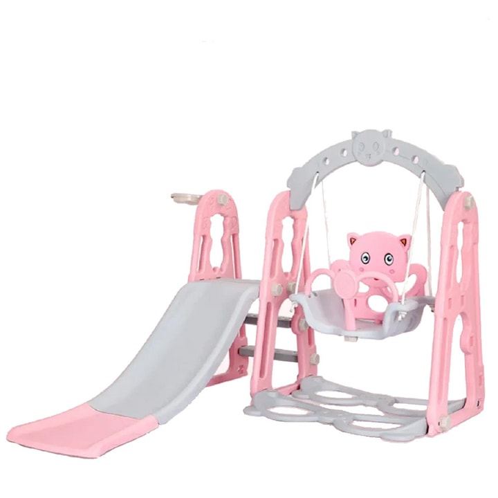 Пързалка и люлка 3 в 1 Chippo 5517593 с баскетболен кош, 140x133x110 см, до 50кг, 1-6 години, Розов