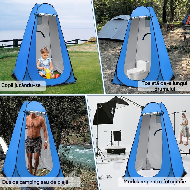 Cort de dus/toaleta/vestiar pliabil cu protectie UV, YSBER®, 1.2X1.2X1.9 m, auto-desfasurator, Impermeabil, Design cu doua ferestre, usor, pentru camping, plaja, drumetii, Se livreaza cu varfuri, sfoara si punga de depozitare, albastru