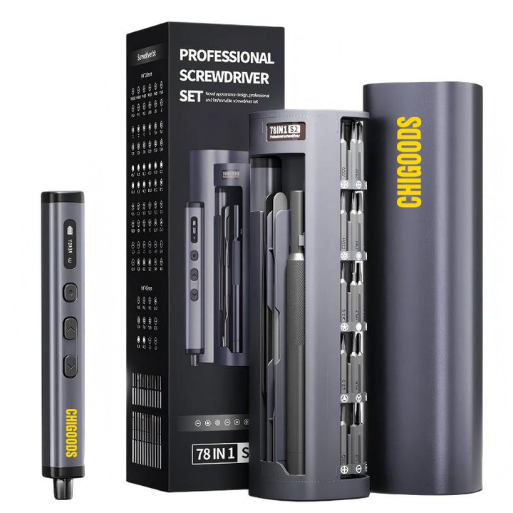Set de surubelnite electrice de precizie 78 in 1, Chigoods, cu 72 de biti magnetici, afisaj pe ecran, 5 setari de cuplu, pentru telefon, laptop, camera