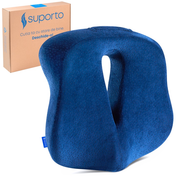 Ортопедична възглавница за седалка в тъмносиньо за офис или автомобилен стол, изработена от мемори пяна, с опора за опашната кост, Suporto, синя