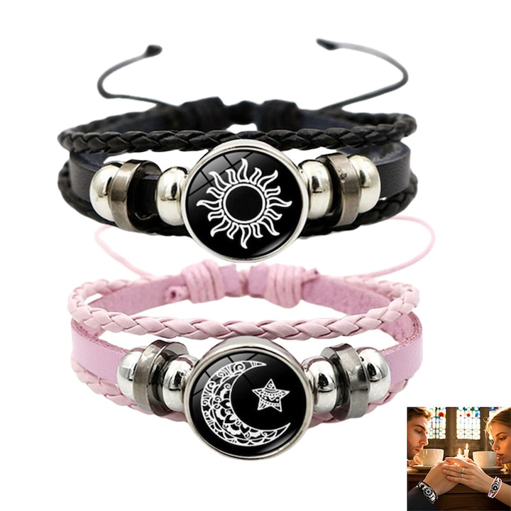 Bratara pentru cupluri, Chelfonds, piele impletita, negru si roz, 17x5 cm, set asortat