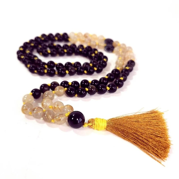 Colier mala Elvero din pietre semipretioase obsidian auriu si cuart rutilat, 112 cm, 108 margele