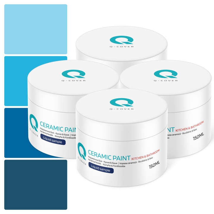 Set esantioane de culoare, Vopsea ceramica Bucatarie & Baie, Q-COVER, 4 buc x 150 ml, Nuante de albastru, finisaj mat profund, vopsea lavabila, rezistenta la umezeala, pete si grasime, pentru pereti si tavane, pentru interior, anti-mucegai