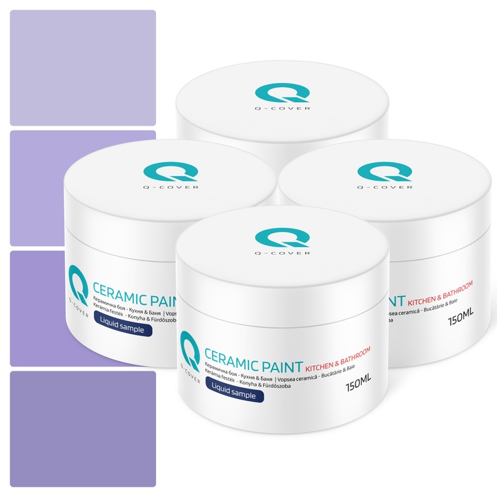 Set esantioane de culoare, Vopsea ceramica Bucatarie & Baie, Q-COVER, 4 buc x 150 ml, Nuante de violet deschis, finisaj mat profund, vopsea lavabila, rezistenta la umezeala, pete si grasime, pentru pereti si tavane, pentru interior, anti-mucegai