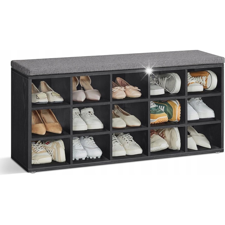 VASAGLE cipősszekrény, 15 rekeszes, fekete, 105x30x48cm