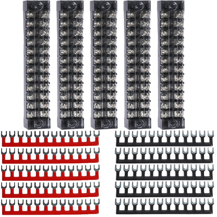 Bloc terminal cu surub 12 pozitii, set de 5 bucati, 600V 15A, cu capac de protectie, pentru conexiuni electrice