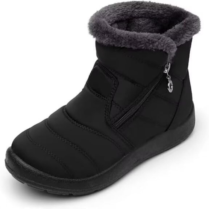 Ghete de Iarna pentru Femei, Slip-On, Impermeabile, Captusite Integral cu Blana, Talpa Antiderapanta din Cauciuc, Usor de Incaltat, Negre, Negru
