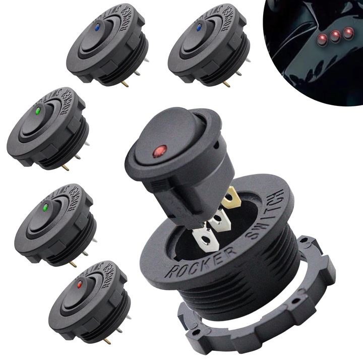 Превключвател тип бутон ON-OFF, многоцветна LED светлина, 12 V, 20 A, 3 контактни клеми, кръгъл автомобилен превключвател