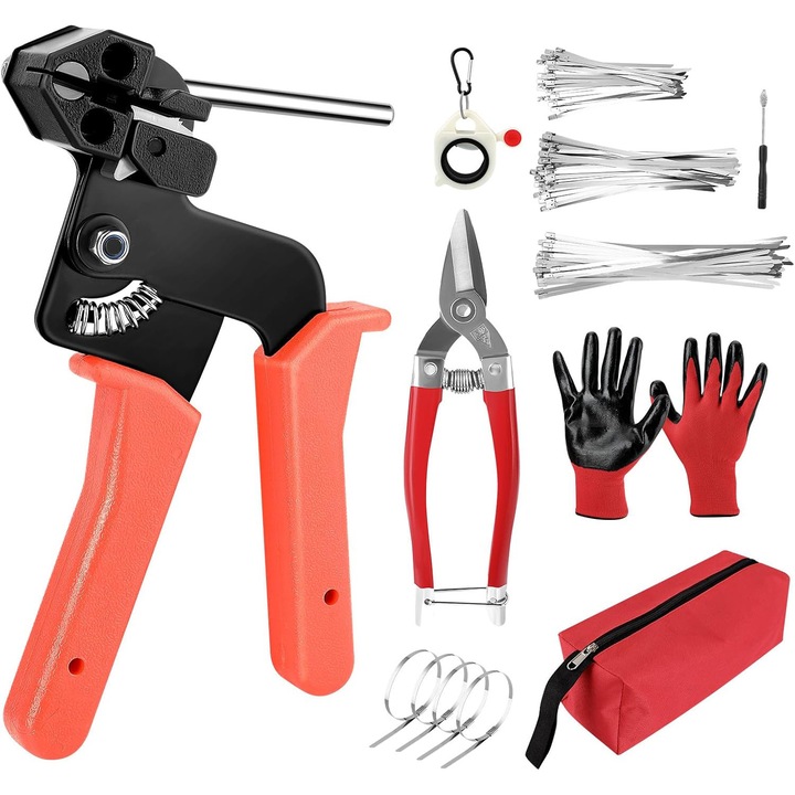 Set 150 bucati coliere din inox, 150 mm x 4.6 mm, 200 mm x 4.6 mm, 250 mm x 4.6 mm, cu pistol pentru fixare cabluri