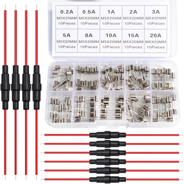 Set sigurante rapide 5x20mm 100 bucati 0.2A-20A, cu 10 suporturi pentru sigurante