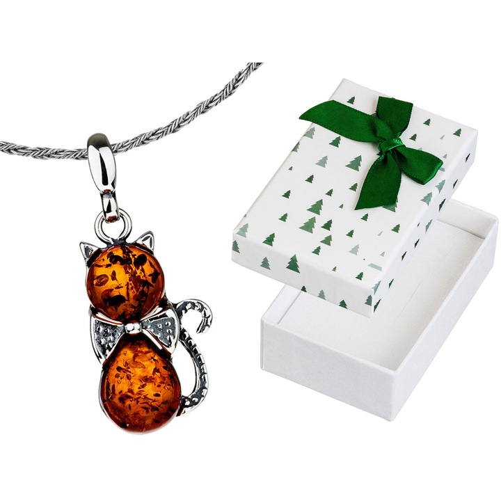 Colier scurt din argint oxidat cu pisica si chihlimbar, Siju, 35cm, set cu ambalaj cadou