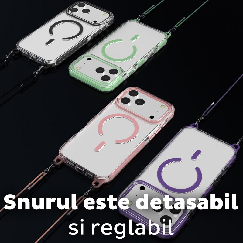 Husa pentru Apple iPhone 18 Pro Max/17 Pro Max DaDen®, Snur detasabil, Antisoc, Protectie Superioara, Bumper interior, Magsafe, Transparenta cu Gri