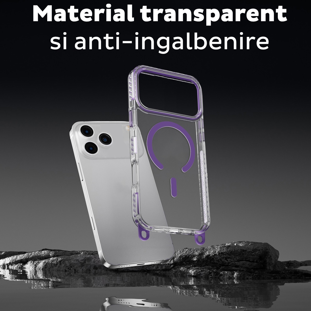 Husa pentru Apple iPhone 18 Pro Max/17 Pro Max DaDen®, Snur detasabil, Antisoc, Protectie Superioara, Bumper interior, Magsafe, Transparenta cu Gri