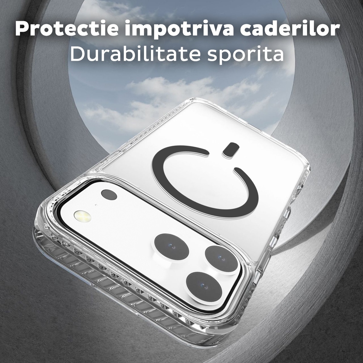 Husa pentru Apple iPhone 18 Pro Max/17 Pro Max DaDen®, Snur detasabil, Antisoc, Protectie Superioara, Bumper interior, Magsafe, Transparenta cu Gri